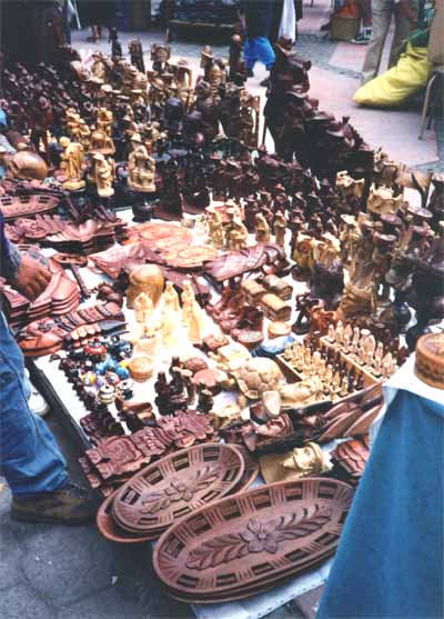 Photo of wood carvings at Otavalo market